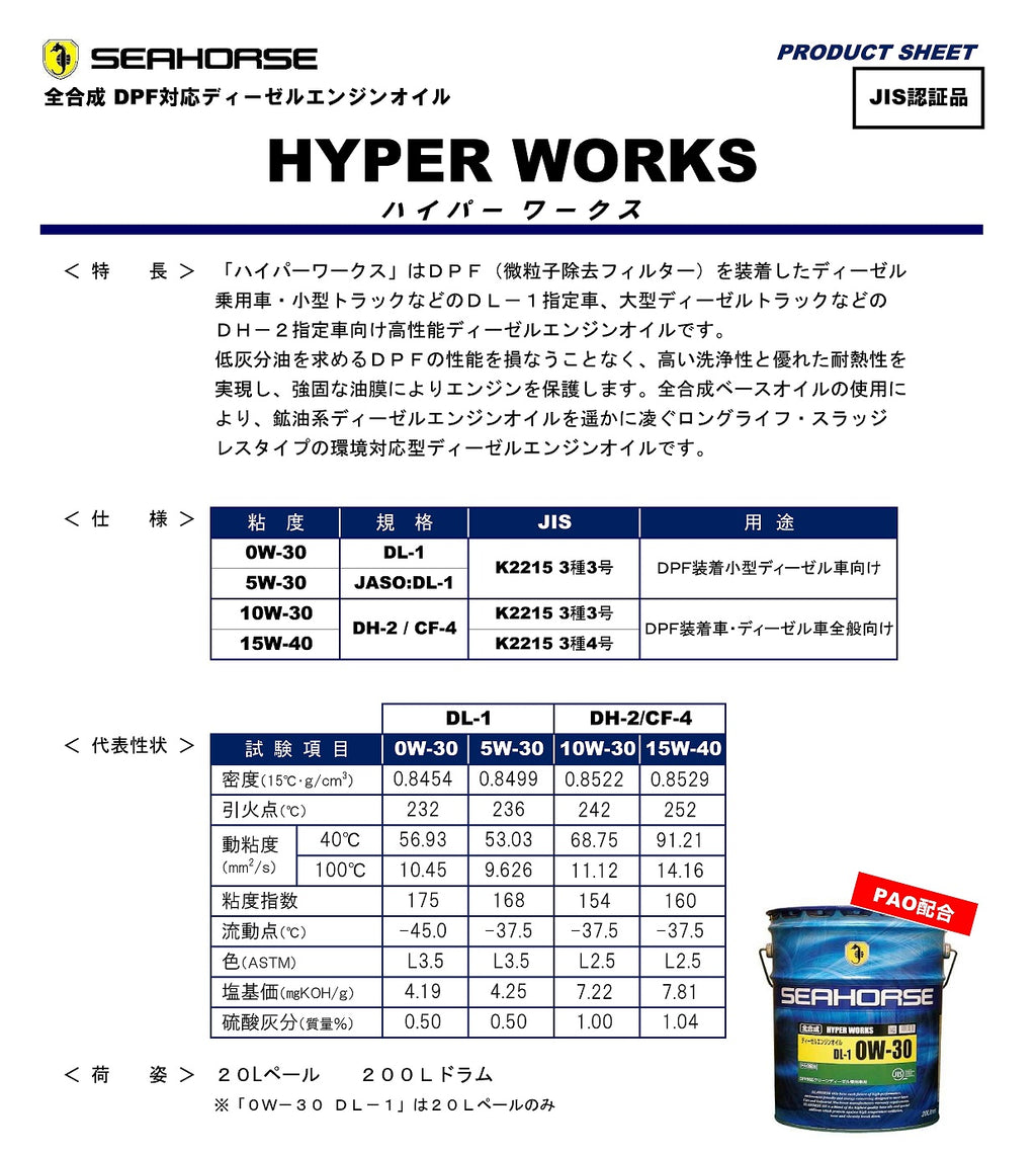 全合成 DPF対応ディーゼルエンジンオイル HYPER WORKS ハイパーワークス 10W-30 DH-2/CF-4